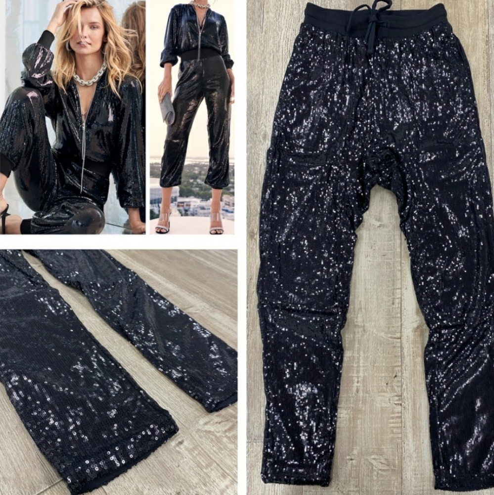 24 Hrs Black Sequin Drop Crotch Joggers X Small Nwt
